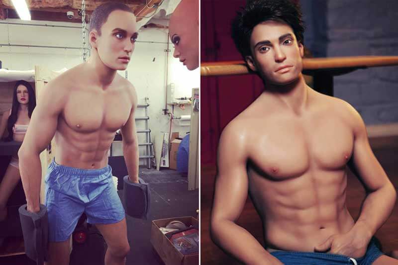  Two side-by-side photos of male sex robots in underwear 