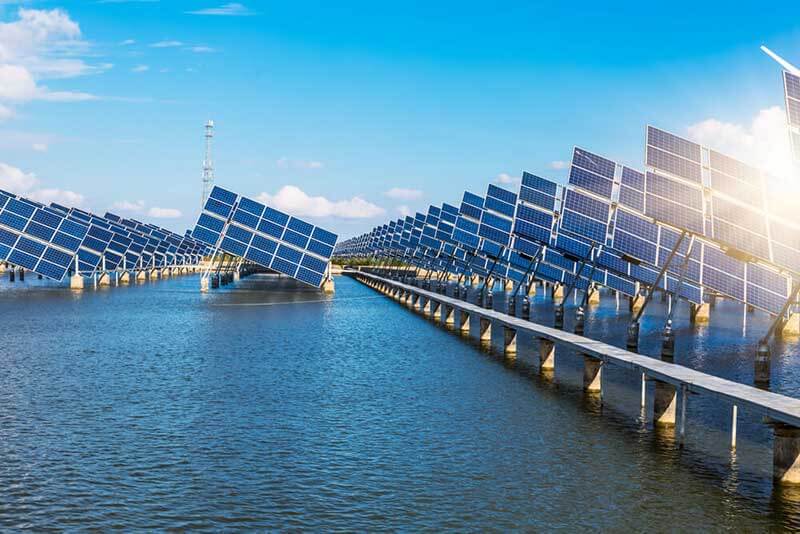a solar panel array on water