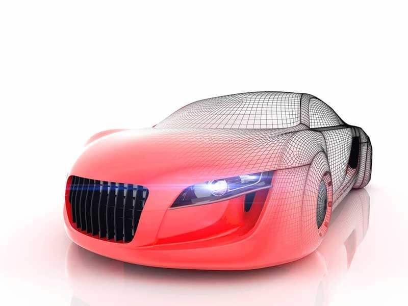 Futuristic red sports car with digital lines