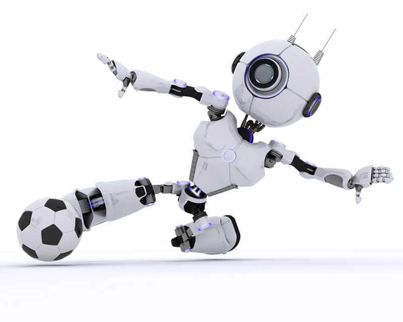 white robot playing soccer on a white background