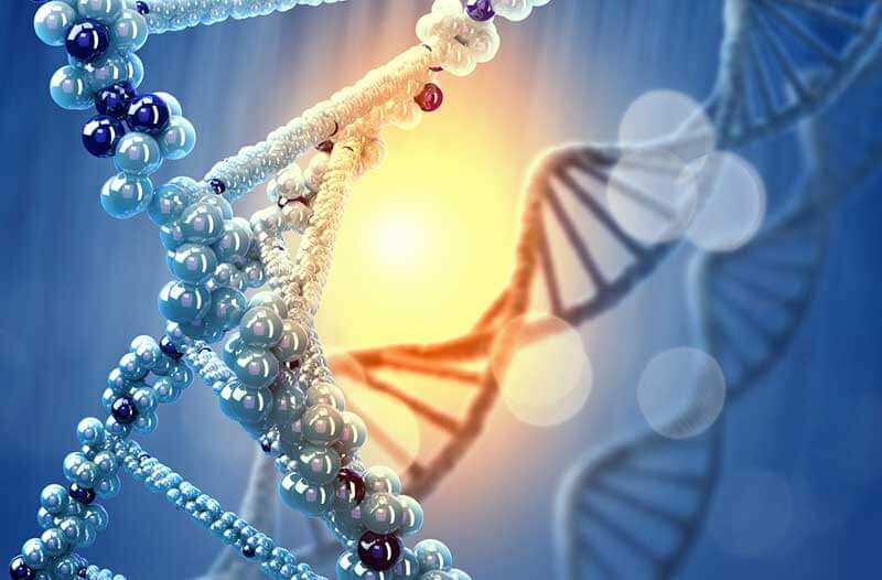 Depiction of DNA strand with small bubbles against blue and yellow background