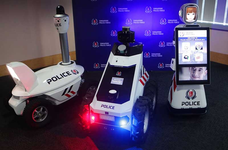 Three types of police robots on wheels