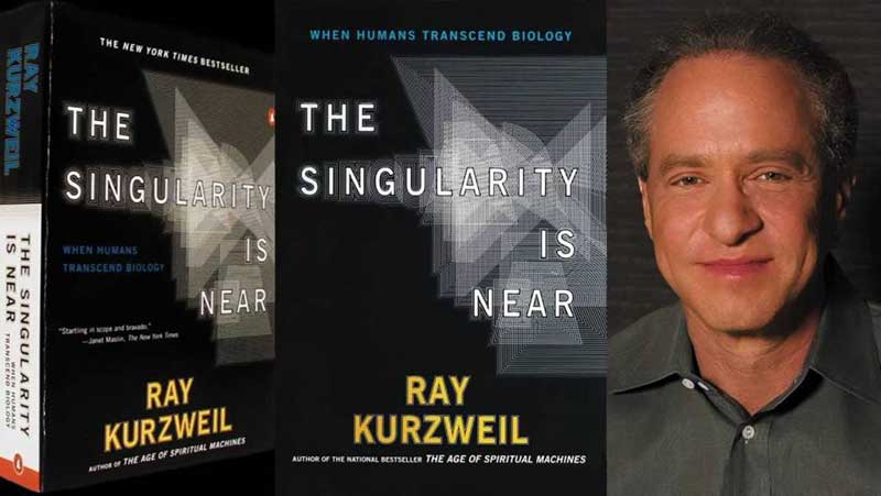 Two photos of Ray Kurzweil’s book The Singularity is Near and a picture of himself 