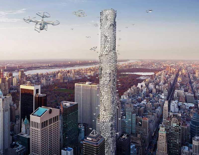 Drones flying around a skyscraper resembling a beehive