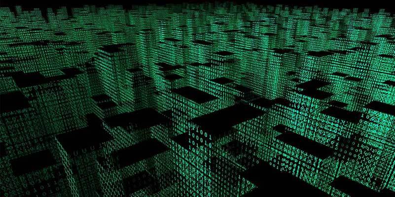 Digital buildings made from binary code: zeros and ones