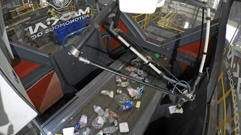 The inside of a plastics recycling robotic picker