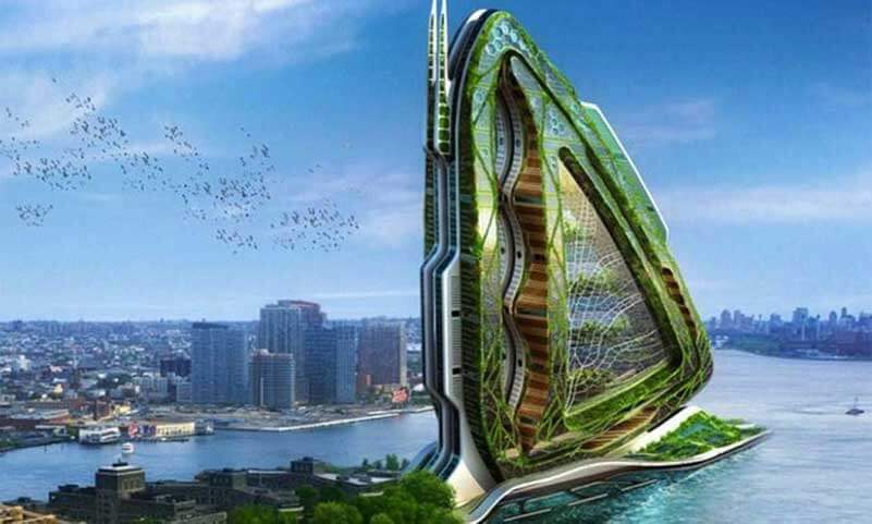 Futuristic building at the water with edible crops