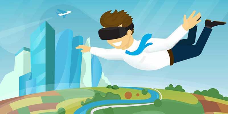 Man with VR headset flying through virtual landscape
