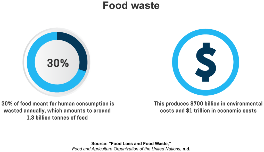 An infographic showing how much of food meant for human consumption is wasted each year and what are the environmental and economic costs of such trend. 
