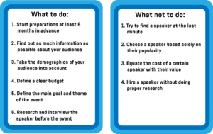 A table containing a list of things to do when choosing the right speaker for your event