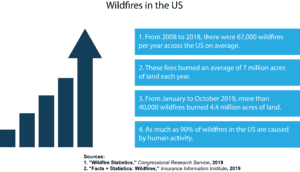  An infographic showing the average number of wildfires and the amount of land burned per year in the United States from 2008 to 2018, as well as separate figures for 2019.