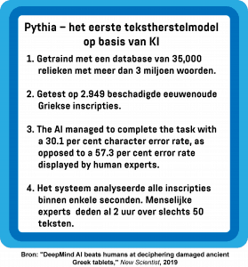 Een infographic met de snelheid en nauwkeurigheid van Pythia, het eerste KI tekstherstelmodel ter wereld.